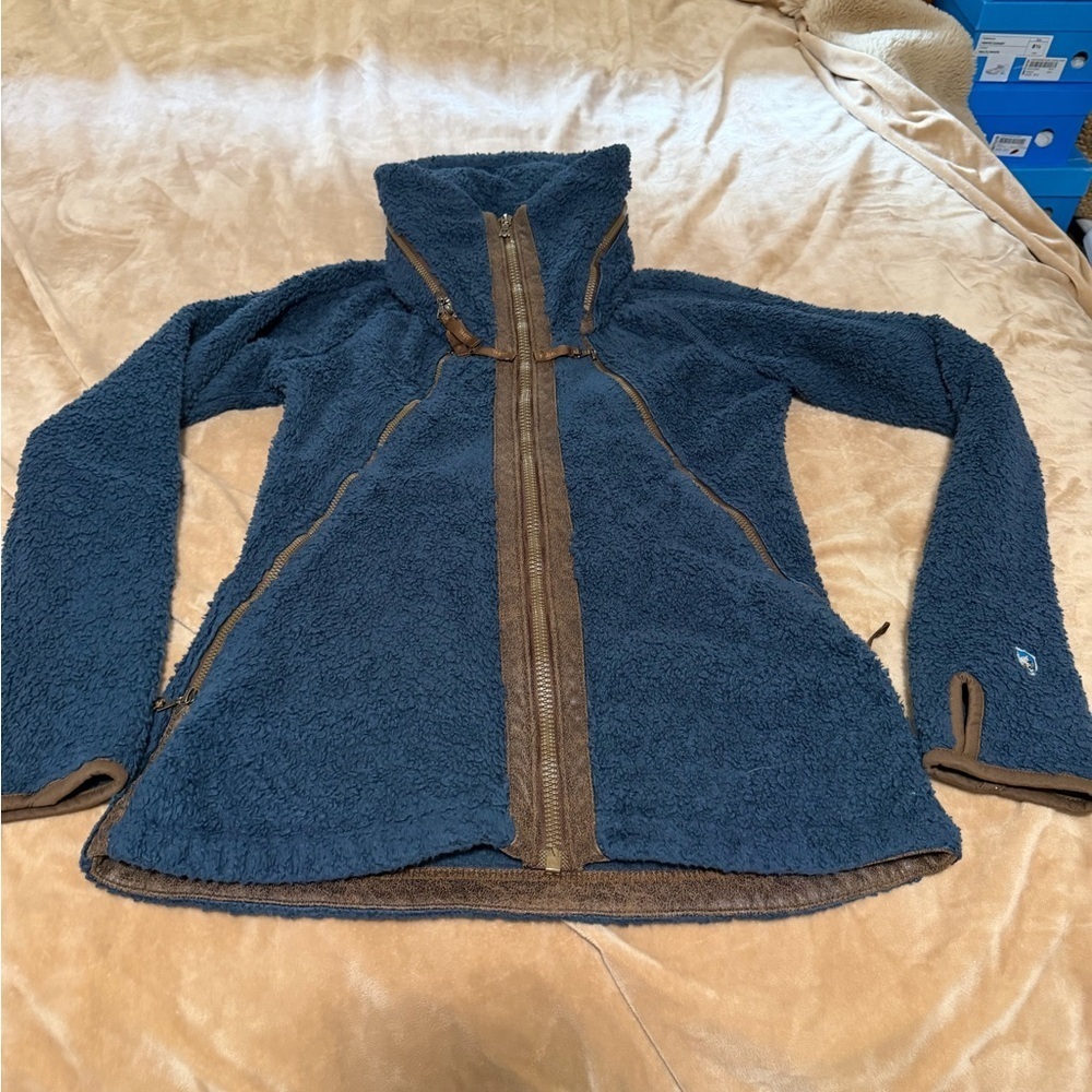 Kuhl Cozy Blue Fleece Flight Jacket with Brown Accents XS